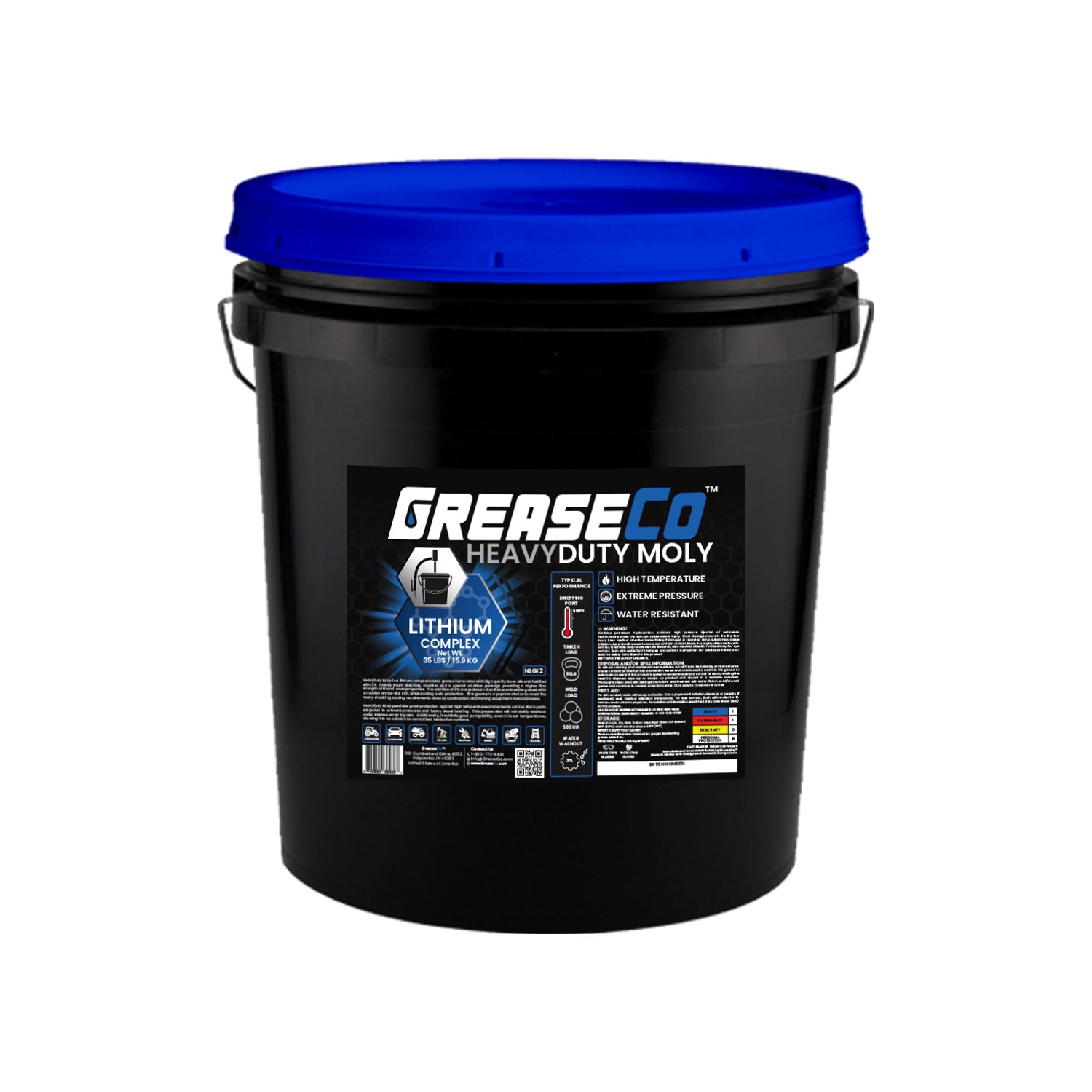 Lithium Complex Moly Wheel Bearing High Temp High Performance Grease 35 LB Pail of GreaseCo HeavyDuty Moly